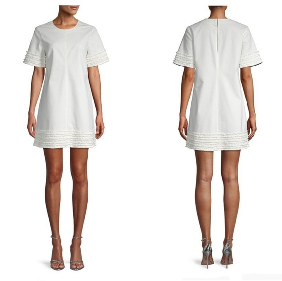 Cinq a Sept Woman White Military Short Sleeve Mini Dress A-Line Ruffle Smocked 2 - Picture 10 of 10